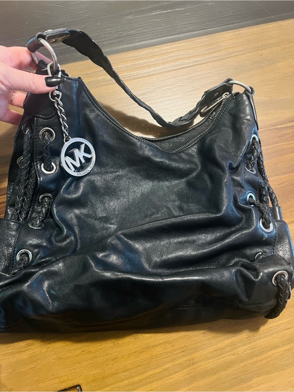 Michael Kors Black Leather Shoulder Bag with MK Charm